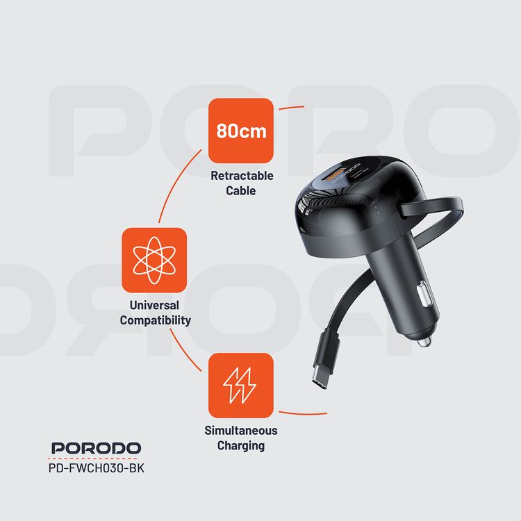 Porodo Dual Port Car Charger with 80cm Retractable Type-C Cable, Simultaneous Charging, Universal Compatibility, 47W Total Output Power - Black