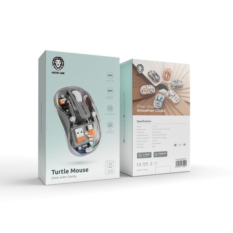Green Lion Wireless Turtle Mouse, Connects to Up to 3 Devices Simultaneously, 3 Million Times Clicking Life, Up to 2400DPI Resolution, Rechargeable 400mAh Battery, 10m Distance Range - Gray