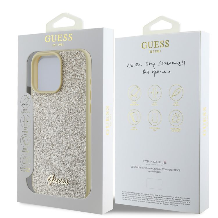 Guess Fixed Glitter Hard Case with Script Metal Logo for iPhone 16 Pro Max, Slim Profile, Drop Protection, Easy Snap-On, High-Quality Material, Extra Shield Protection - Gold