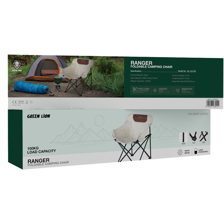 كرسي تخييم قابل للطي من جرين ليون رينجر مع حقيبة حمل، إطار فولاذي ومقعد من قماش أوكسفورد 600D، قاعدة مضادة للانزلاق، دعم بإطار X، قدرة تحميل تصل إلى 100 كجم، إعداد سريع - أبيض