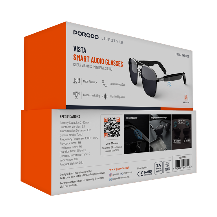 Porodo Lifestyle Vista Smart Audio Glasses with Built-in Microphone, 8 Hours Playtime, Type-C Charging Interface, UV400 Protection, Bluetooth Version 5.4, 15m Transmission Range, 2×80mAh Battery Capacity, Touch Control, Instant Touch Activation, Open-Ear Audio - Black 