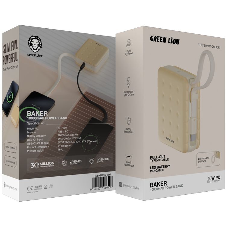 Green Lion Baker 10000mAh Power Bank with PD 20W, Compact Pocket Size, Dual Device Charging, Detachable Type-C Cable, Flight Approved, Easy-Carry Lanyard, LED Battery Indicator - Yellow