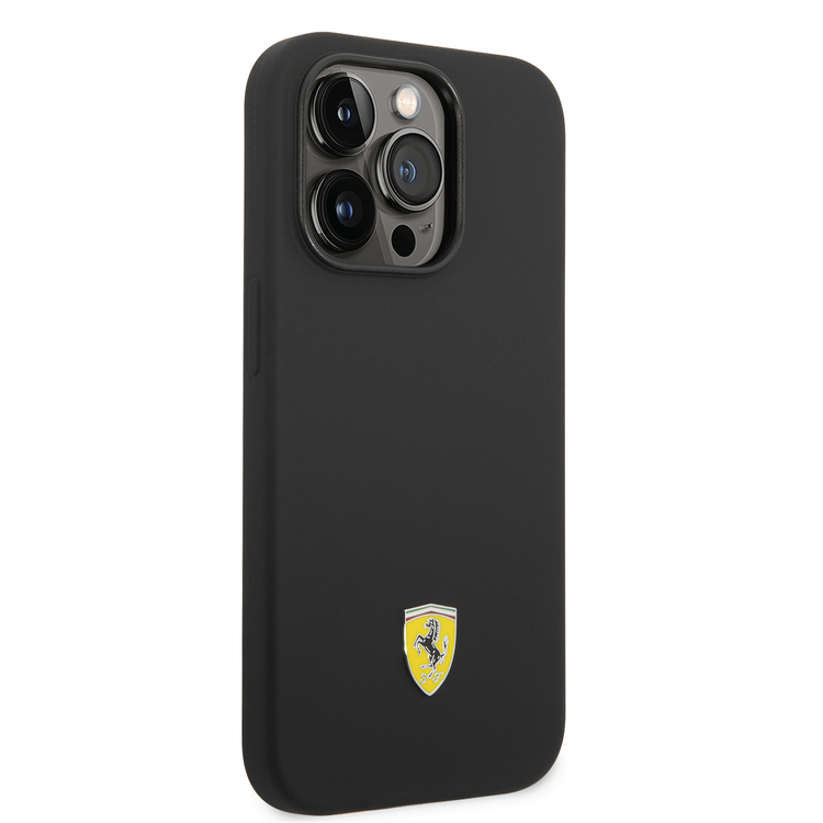Ferrari Liquid Silicone Case with Black Camera Outline & Metal Logo iPhone 14 Pro Compatibility - Black
