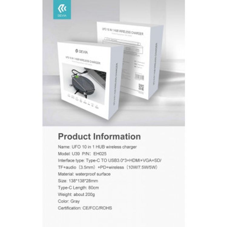 Devia UFO 10 in 1 USB-C HUB Wireless Charger (Type-C/USB3.3*3/HDMI/RJ45/SD/TF/Audio/VGA) - Waterproof Surface - Wireless Fast Charging Hub - Multi-port Extended Connection - Gray
