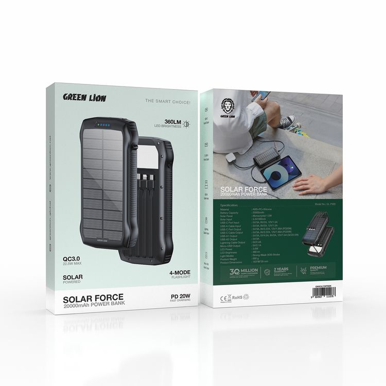 Green Lion Solar Force 20000mAh Power Bank with PD20W USB-C Output, ABS + PC + Silicone Material, 4-Mode Flashlight, 4 Built-in Cables - Black