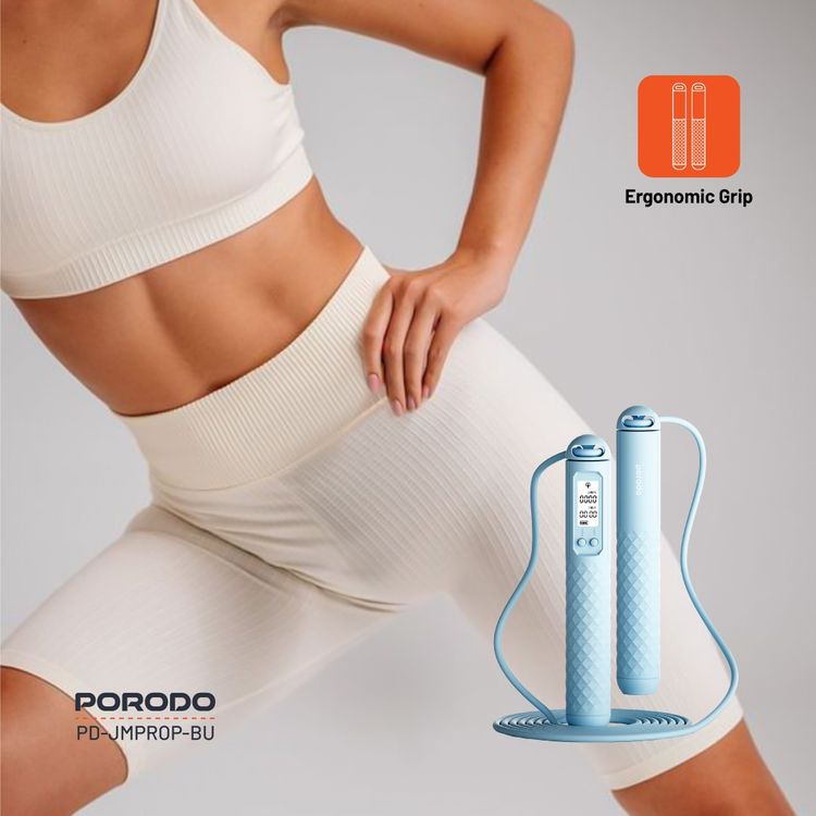Porodo Lifestyle Smart Skipping Rope Forward & Reverse Counts, Battery Display Set Time - Blue