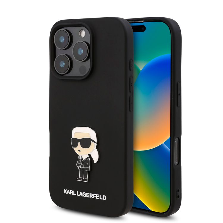جراب صلب من السيليكون TPU من Karl Lagerfeld مع شعار Ikonik لأيفون 16 برو، مادة متينة، قبضة مريحة وآمنة، خفيف الوزن ونحيف - أسود