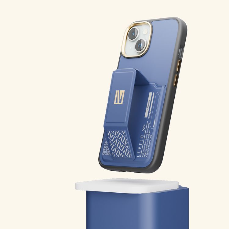 جراب Levelo Morphix Cuero Gripstand لهاتف iPhone 15 Plus مع حامل بطاقات، أوضاع متعددة، مادة جلد البولي يوريثان، حواف مقاومة للصدمات - أزرق