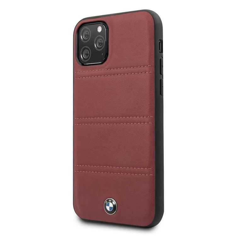 BMW Hard Case Leather Horizontal Lines Compatible w/ iPhone 11 Pro, Complete Protection, Easy Access to All Ports, Raised Edge to Protect Camera - Burgundy
