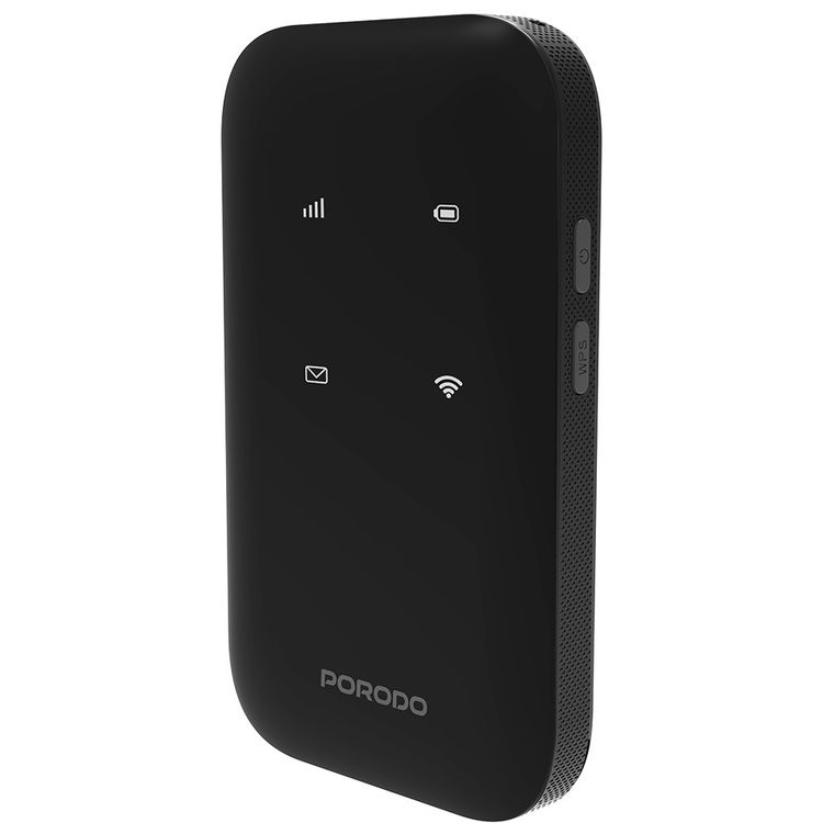 Porodo 4G Wireless Pocket Router with Secure Encryption, 10 Connected Devices, 3000mAh Battery Capacity, 8.5 Hours Working Time, Type-C Charging Port, WiFi 6 Standard, Lightweight and Portable - Black