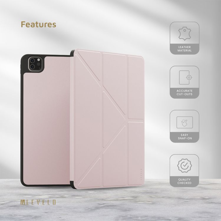 Levelo Elegante Hybrid Leather Case for iPad Pro 4th to 6th Generation, Vertical Orientation & Horizontal Positioning, Shock Absorbent Bumper Case, 360° Protection, Easy Snap-On, Accurate Cut-Outs - Pink