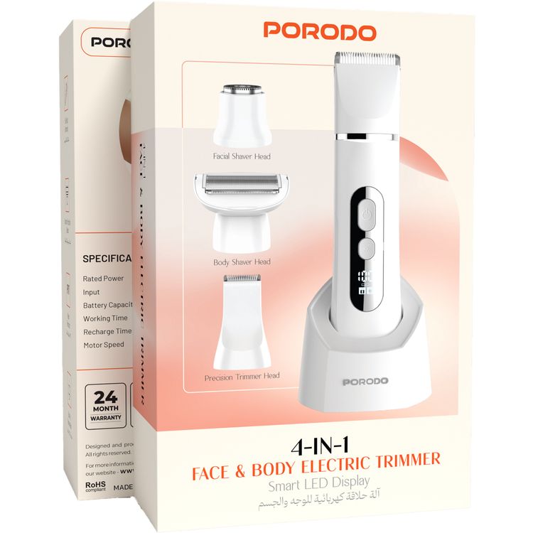 بورودو 4 في 1 ماكينة حلاقة كهربائية للوجه والجسم مع شاشة LED ذكية، شفرات سيراميكية دقيقة، إضاءة مدمجة، حلاقة للجسم بالكامل، وقت عمل 1.5 ساعة - أبيض