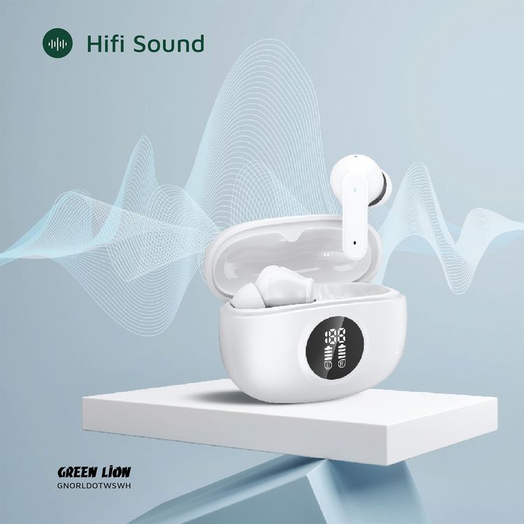 Green Lion Orlando True Wireless Earbuds with Digital Display, HiFi Sound, Built-in Microphone, Voice Assistant, 4.5 Hours Playtime, Type-C Charging - White 