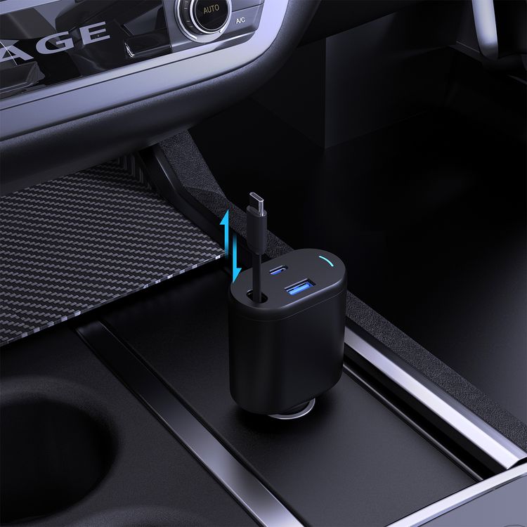 Powerology Type-C Retractable Car Charger, Dual Ports, Patented Design, Built-in Safeguards, Simultaneous Charging, Integrated Type-C Cable - Black