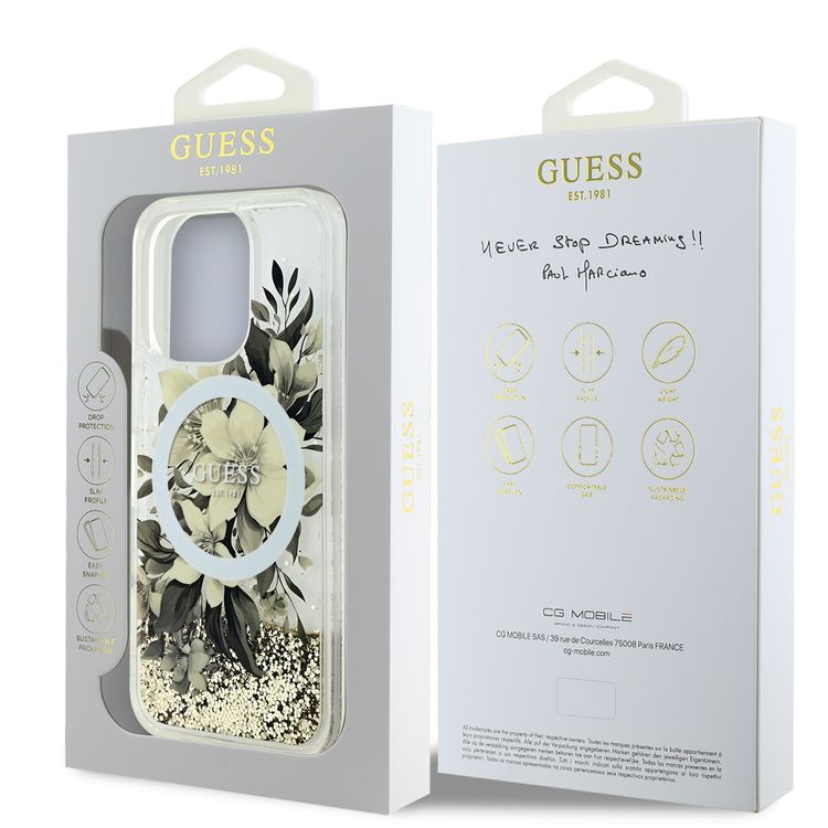 GUESS MagSafe Liquid Glitter Hard Case with Flower Design for iPhone 16 Pro Max, Drop Protection, Accurate Cutouts, Shock-Absorption, Slim Profile - Beige