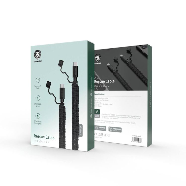 Green Lion Rescue USB-C to USB-C Cable with 1m Length, 60W Power Delivery, Fast Charge & Data Sync, 10000+ Bends Lifespan, TPE & Braided Material, Tangle-free Design - Black