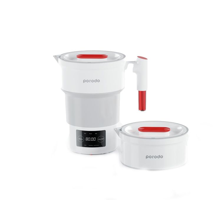 Porodo Lifestyle Portable Folding Electric Kettle Temperature Setting, 600ml  Water Capacity, Digital Display, High-Grade Silicone - White