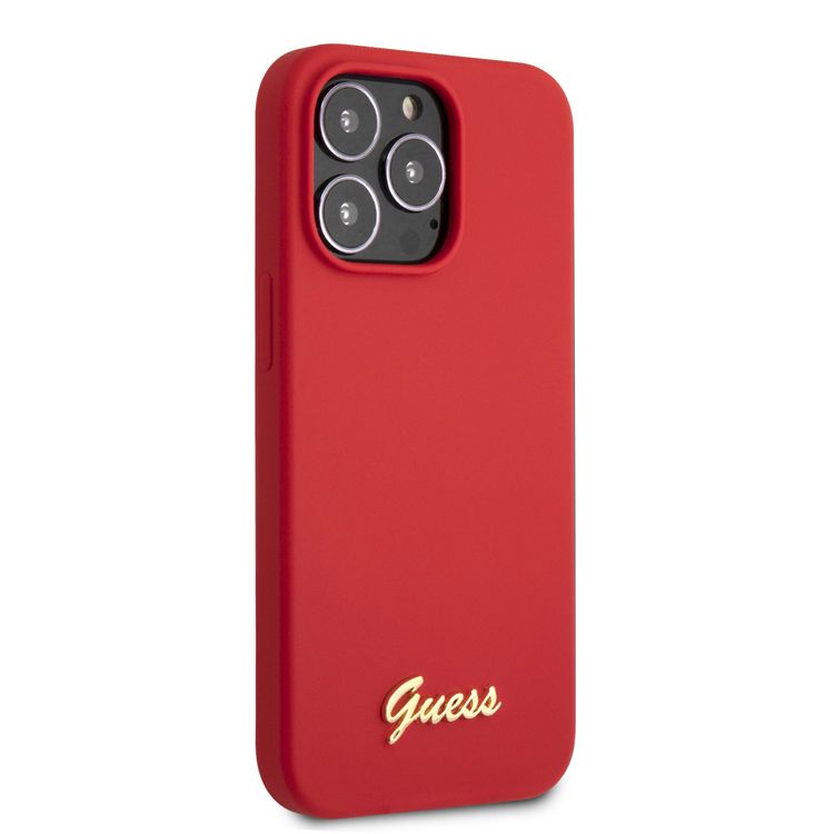 CG MOBILE Guess Liquid Silicone Case with Gold Metal Logo Script Compatible for iPhone 13 Pro (6.1") Anti-Scratch, Easy Access to All Ports, Shock Absorption