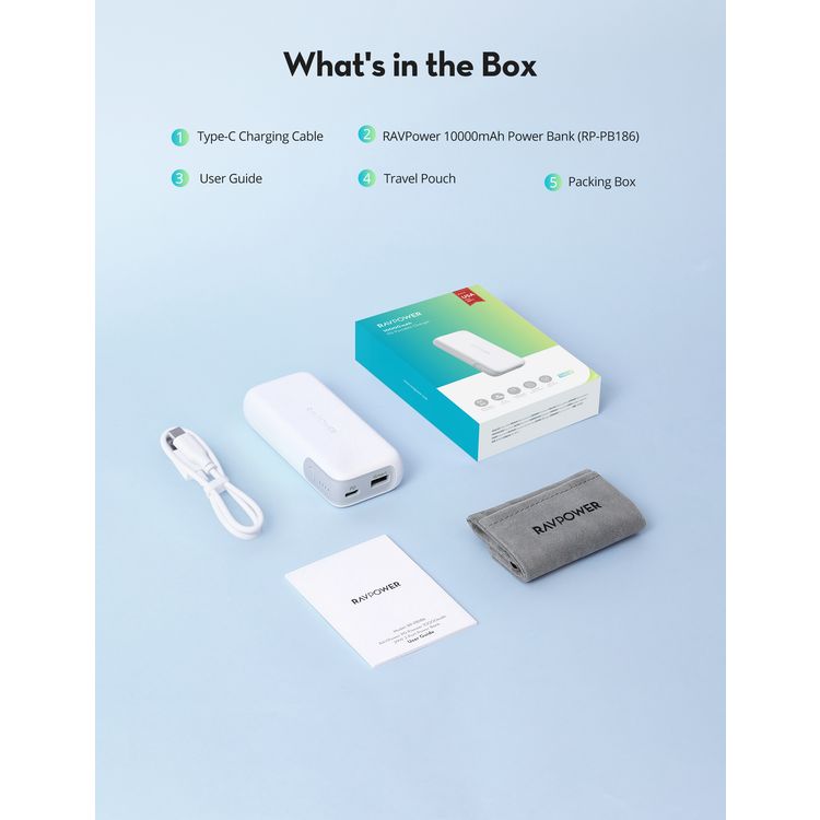 راف باور 2 منفذ بي دي باور بانك محمول 10000 مللي أمبير 29 واط شحن سريع ، منفذ يو تس بي سي بي دي ومنفذ يو اس بي - ا ، شاحن محمول صغير الحجم ، طاقة هائلة ، باور بانك للحماية من الحرارة الزائدة - أبيض