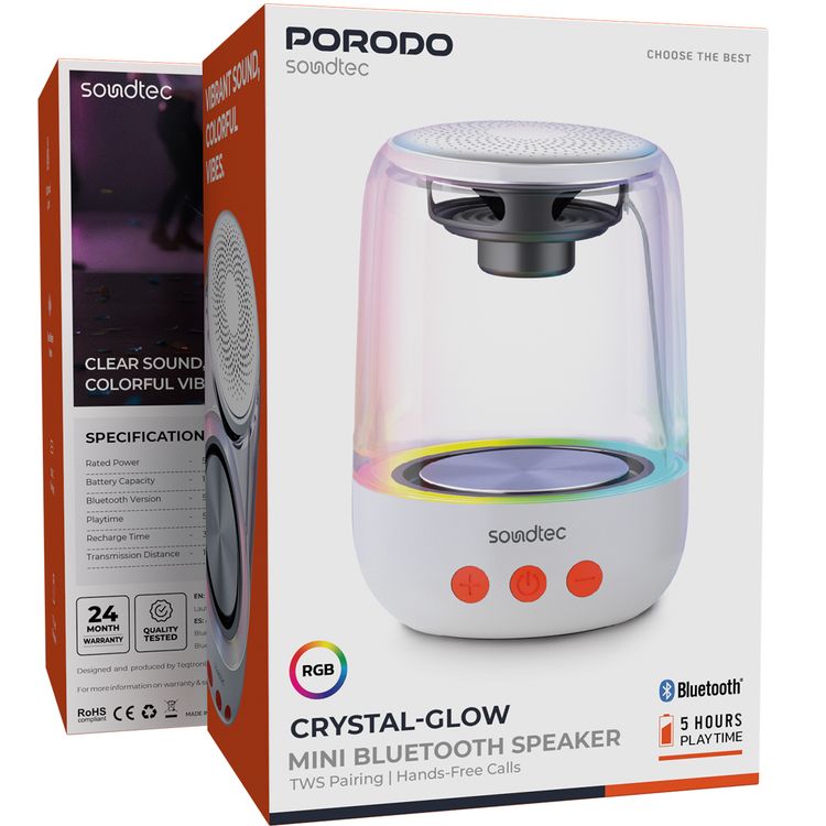 Porodo Crystal-Glow Mini Bluetooth Speaker with RGB Lights, Around 5 Hours Play Time, 1000mAh Battery, 10m Transmission Range, Bluetooth Version 5.4, USB-C Charging Port, Hands-Free Calls, TWS Pairing - White