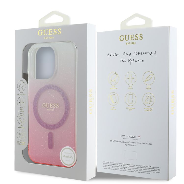 GUESS Magsafe IML Glitter Gradient Hard Case for iPhone 16 Pro Max, Slim Profile, Easy Snap-On, Drop Protection - Pink