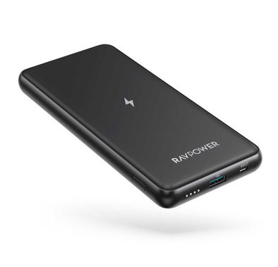 RAVPower Turbo 2-Port Portable Wireless Power Bank 10000mAh 10W Compatible with All Qi-enabled Phones - QC3.0 Fast Charging Portable Wireless Charger Powerbank 5V/2.4A - Black