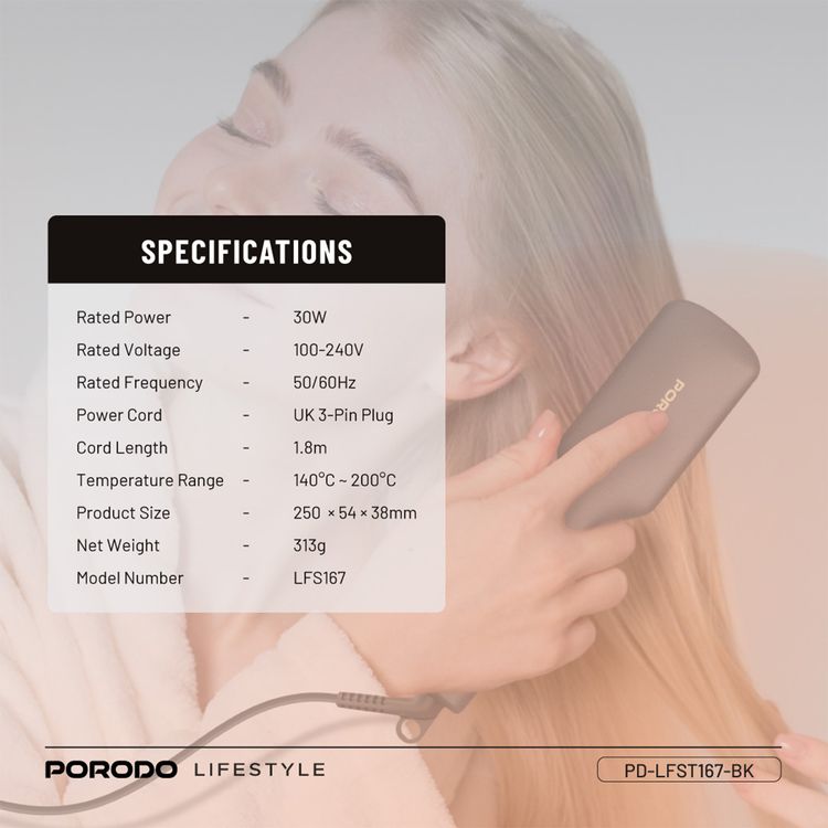 Porodo Lifestyle Electric Heated Hair Straightener Comb with 5 Temperature Settings, 33W Rated Power, 30 Seconds Fast Heating Time, 70% Frizz Reduction, Auto Shut-Off - Black