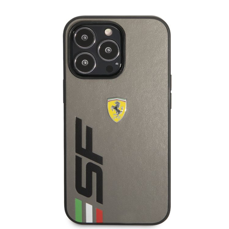 Ferrari Leather Printed Big SF Logo Hard case, Drop protection, Compatible with iPhone 13 Pro Max - Grey