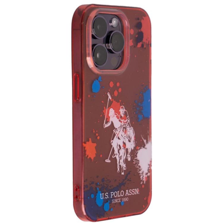 USPA PC/TPU Case with Splatter Pattern & Horse Logo iPhone 14 Pro Compatibility - Red