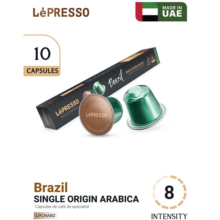 LePresso Aluminum capsules for Nespresso 100% Arabica with 8-Level Coffee Intensity, Chocolate & Nuts Aroma, Medium Roast Level, 10 Capsules Included - Green