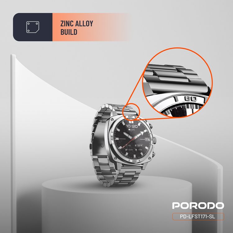 Porodo Chrono Steel Smartwatch with 1.43-inch AMOLED Display, 466 x 466 pixels Resolution, Up to 5 Days Working Time, 400mAh Battery Capacity, 128MB Flash Memory, Bluetooth Version 5.2, IP68 Water Resistance Level - Silver