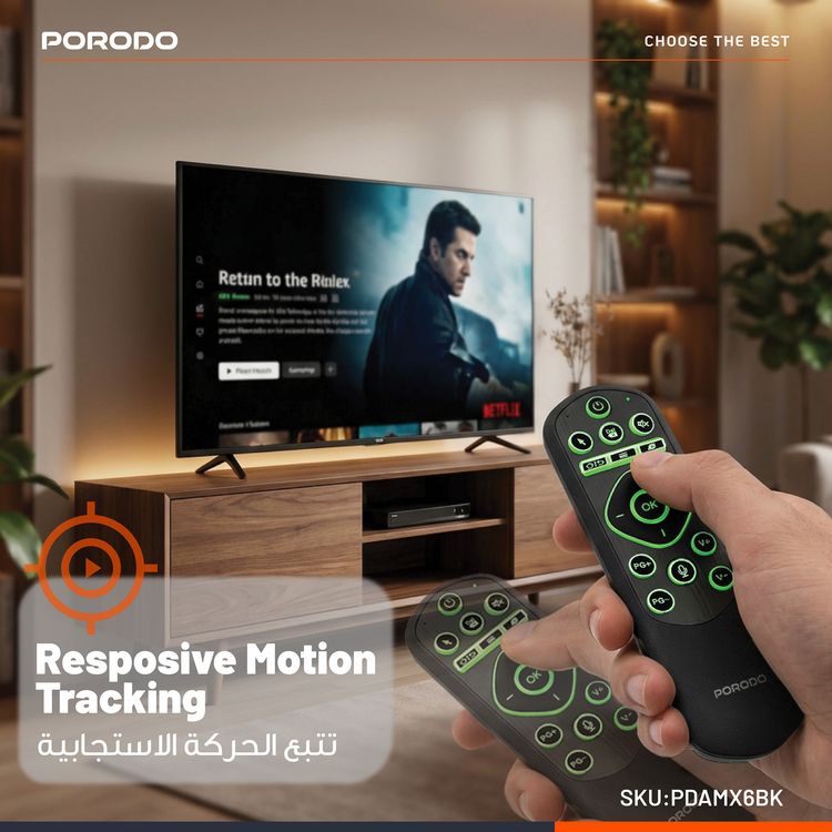 Porodo Miko Mini Keyboard with 34 Hours Working Time, 6-Axis Gyro Sensor, Google Voice Search, Air Mouse Control, Smart Infrared Learning, Adjustable Cursor Speed, Voice Command Control, Adjustable Lightning Modes, Bluetooth Version 5.2- Black