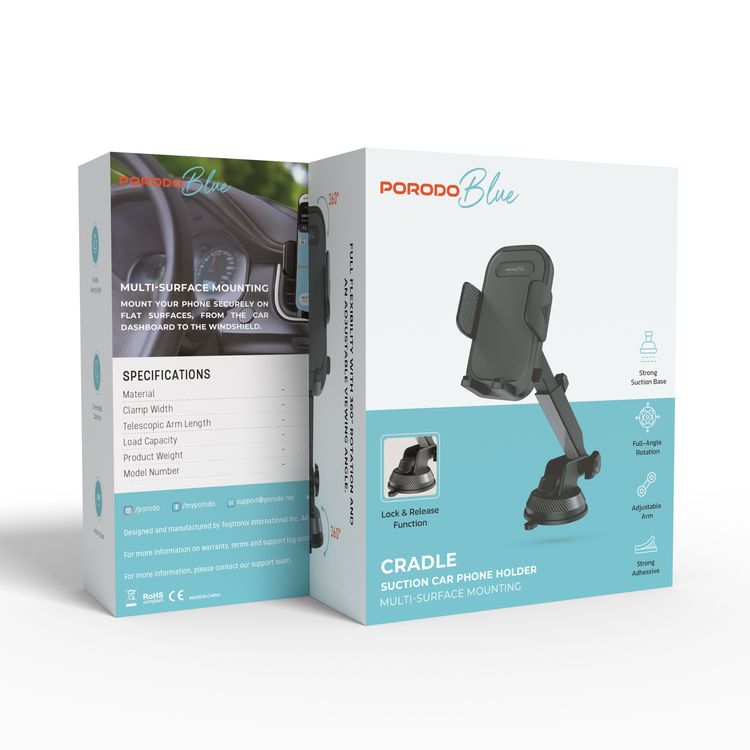 Porodo Blue Cradle Suction Car Phone Holder with Adjustable Arm, Full-Angle Rotation, Strong Adhesive, One-Handed Operation, 360° Rotation Base, ABS + PC Material, 1kg Load Capacity, Lock and Release Function - Black 