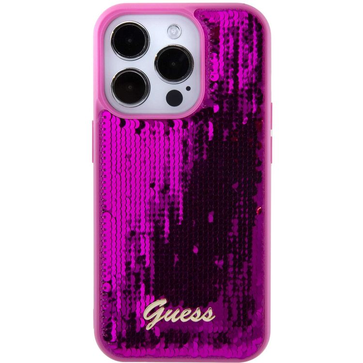 حافظة Guess Sequin Script مع شعار Guess Metal - فوشيا - iPhone 15 Pro
