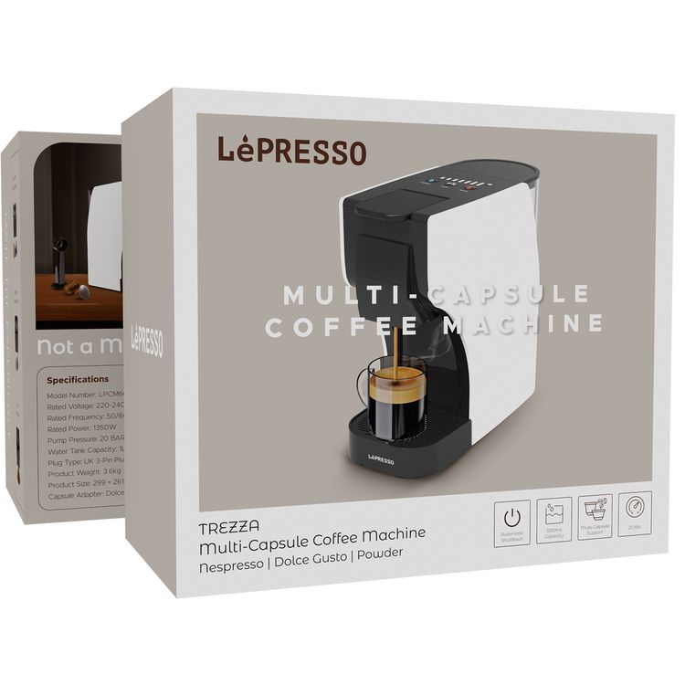 LePresso Trezza Multi-Capsule Coffee Machine with 1350W Rated Power, 1L Water Tank Capacity, 20 Bar Pump Pressure, 220-240V Rated Voltage, Automatic Shutdown - White