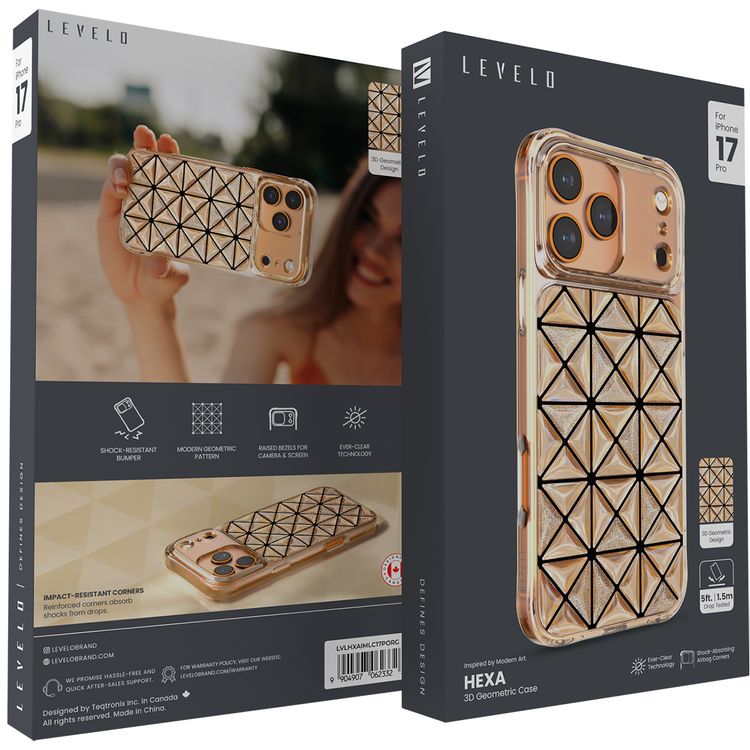 غطاء Levelo Hexa ثلاثي الأبعاد لجهاز iPhone 17 Pro، زوايا مقاومة للصدمات، حواف مرتفعة للكاميرا والشاشة، ممتص للصدمات، تقنية Ever-Clear، اختبار السقوط - برتقالي