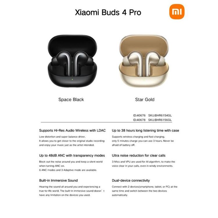 Xiaomi Bluetooth Buds 4 Pro Earbuds, Crystal-Clear Calls, 10 m Bluetooth Range, 6 Hours Battery Life, Ultra Noise Reduction for Clear Calls, Built-in Immersive Sound - Space Black