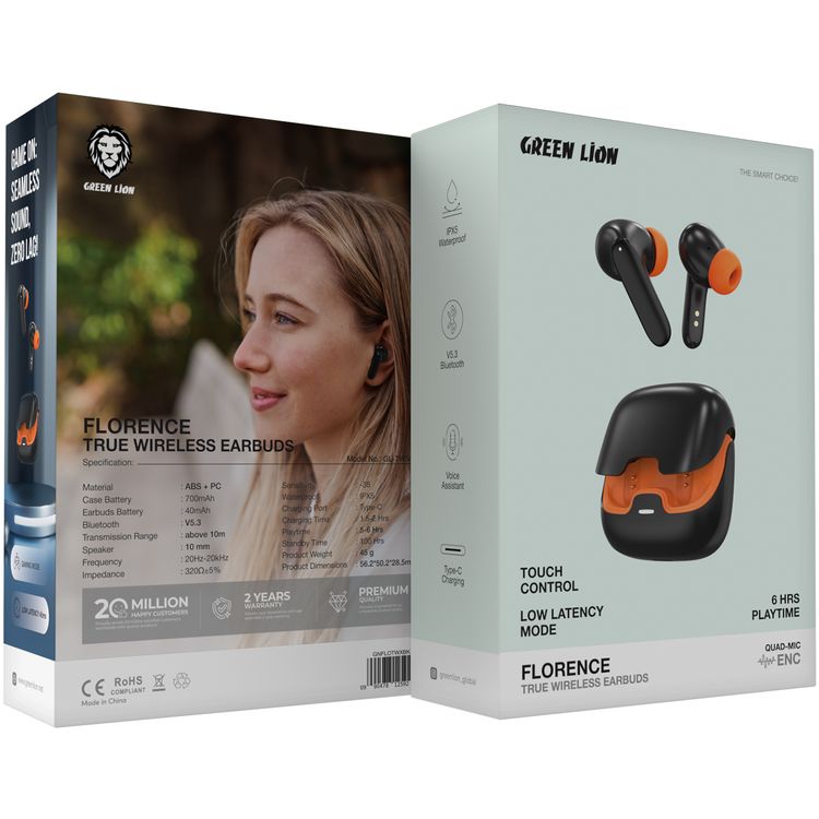 Green Lion Florence True Wireless Earbuds with Touch Control, Low Latency Mode, Voice Assistant, Quad -Mic with ENC Technology, Gaming Mode, Up to 6 Hours Play Time, 100 Hours Standby Time, Type-C Charging Port, Above 10m Transmission Range - Black