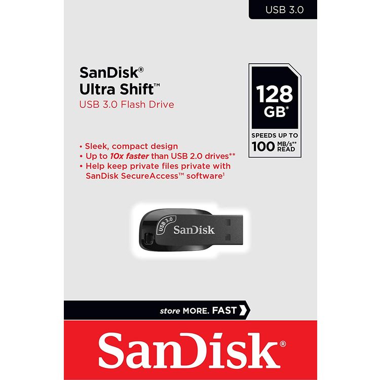 SanDisk 128GB Ultra Shift USB 3.0 Flash Drive, Black, Roll over image to zoom in SanDisk 128GB Ultra Shift USB 3.0 Flash Drive - Black