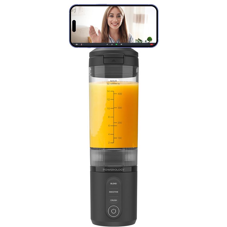 Powerology MagBlend Portable Blender with Magnetic Phone Mount, 6 Sharp Steel Blades, Powerful Ice Crushing, Multi-Mode Blending, 470mL Capacity, Fits to Car Cup Holders - Black