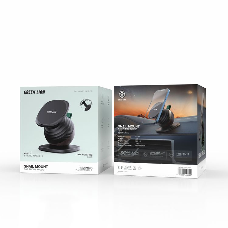 Green Lion Snail Mount Car Phone Holder, MagSafe Compatible, N52 x17 Strong Magnets for Secure Grip, Twist-Lock Telescopic Design with Hidden Rod, 360° Rotating Base, Extendable Height, Dual-Axis Rotation, One-Handed Operation, Flexible Viewing Angle, Lightweight (128g) And Compact - Black