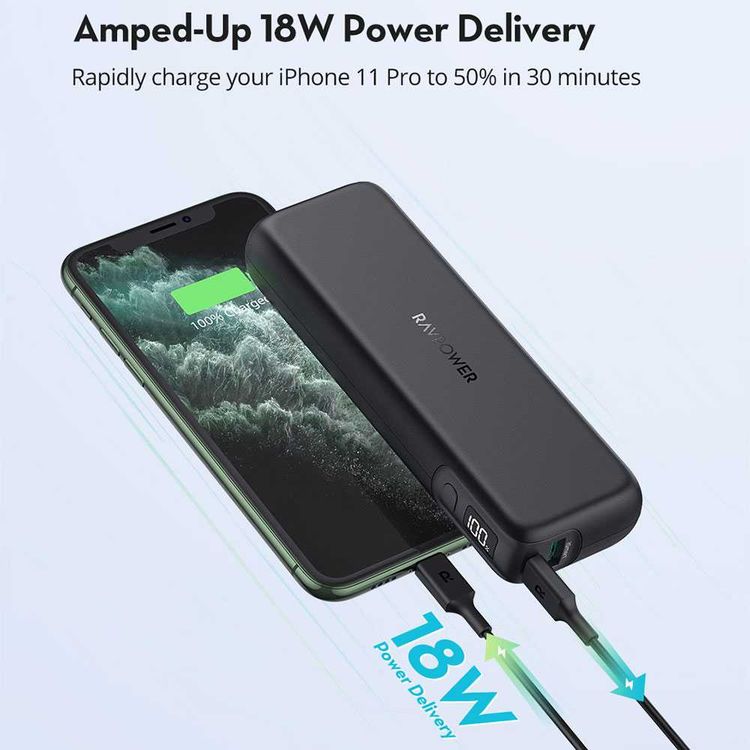 RAVPower 2-Port PD Pioneer Power Bank 15000mAh 30W w/ LED Power Percentage Display - Compact Size Design - Fast Charging Portable Charger Powerbank w/ Multiple Protection - Black