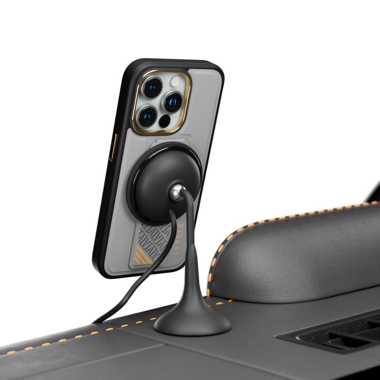 جراب Levelo Morphix Cuero Gripstand لهاتف iPhone 15 Pro، أوضاع متعددة، جلد PU، حواف مقاومة للصدمات - رمادي