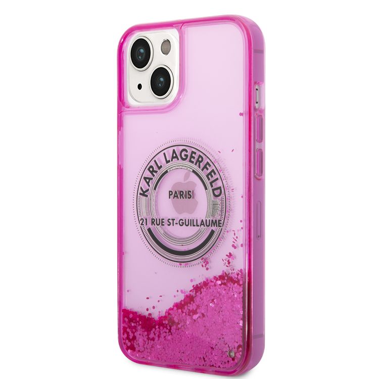 Karl Lagerfeld Liquid Glitter Case Silicone Round RSG Logo Ultra-Thin iPhone 14 Compatibility - Pink