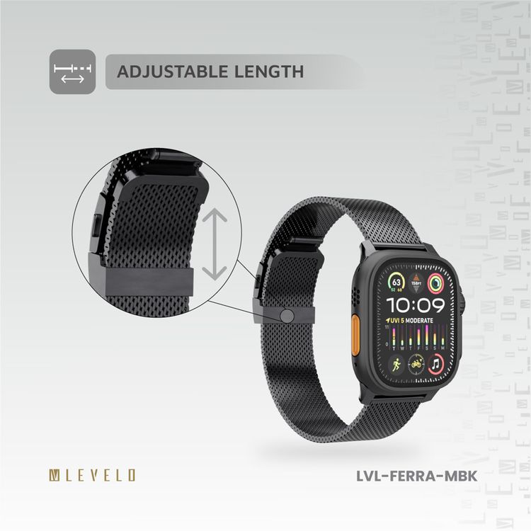 Levelo Ferra Milanese Watch Strap with Adjustable Length, Compatible with 49/46mm Smartwatches & Apple Watch SE, Series 9, 8, 7, 6, 5, Hypoallergenic Material, 24/7 Wearability, Water-Resistant, Anti-Oxidation Technology - Matte Black