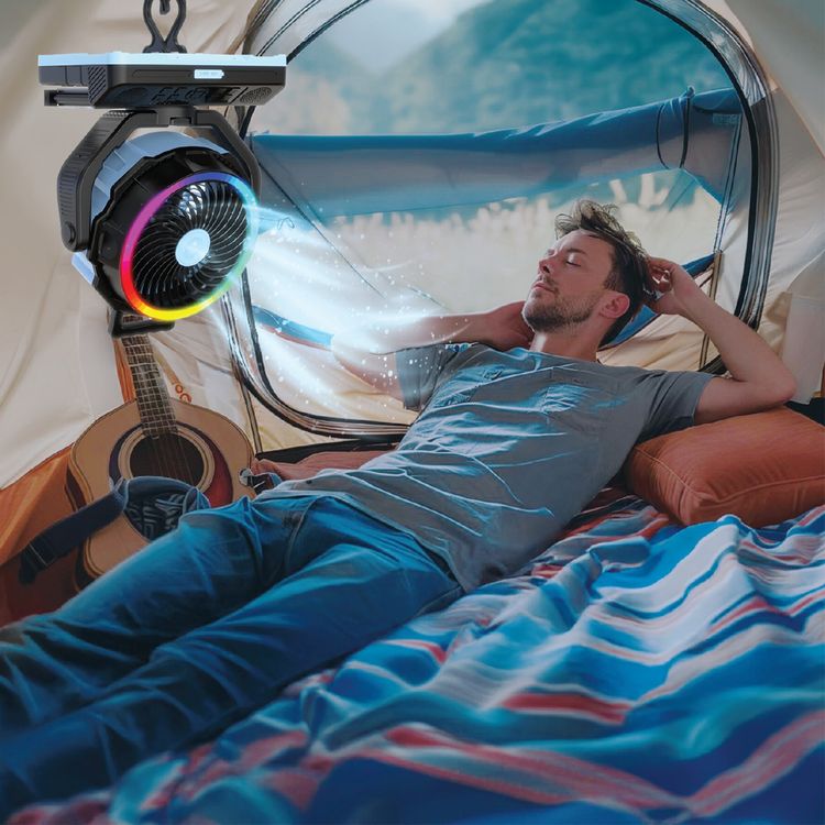 Powerology Ventopower Outdoor 40K Oscillating Fan with 6 Speed Levels, High Capacity Battery, Timer, Dynamic Mood Lighting, TF Card Playback, Oscillating Fan Head - Black