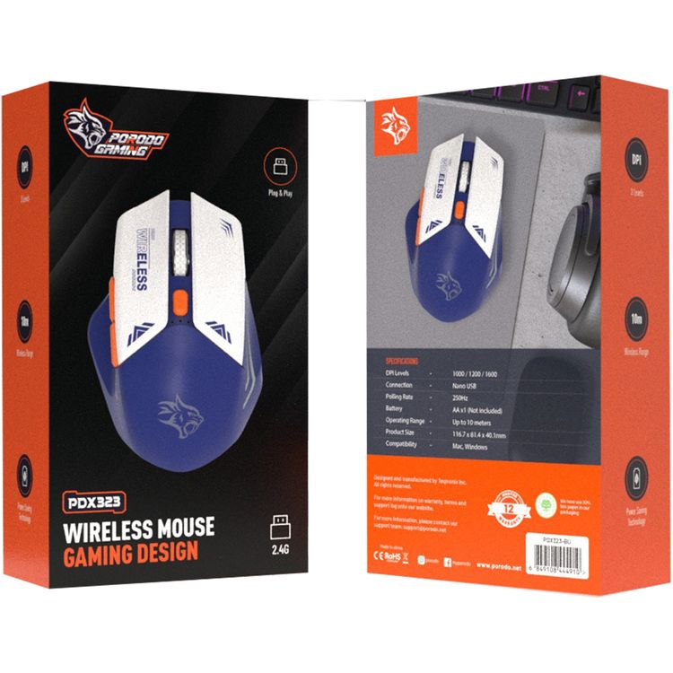 Porodo Gaming Wireless Mouse, 3 Levels DPI, 10m Wireless Range, Power Saving Technology, Mac & Windows Compatible - Blue