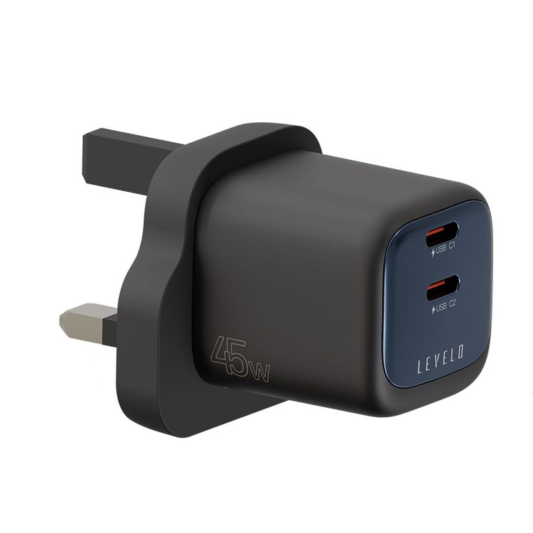 Levelo Vero GaN 45W Double Port Adapter with 2× Type-C Ports, UK Power Plug, Over Charge Protection, Fast Charging, Laptop Charger - Black / Blue