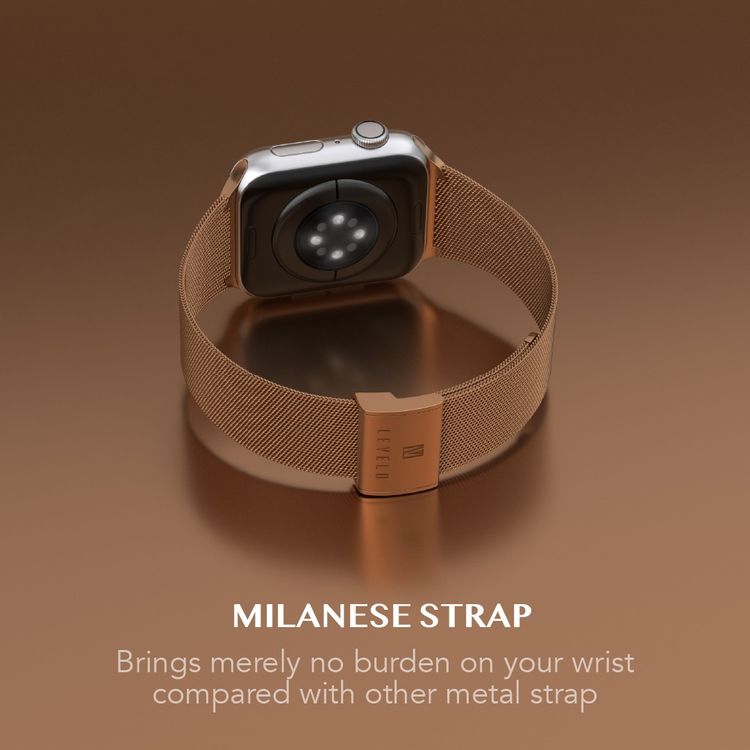 Levelo Double Milanese Watch Strap for Apple Watch 42/44/45mm, Stainless Steel Material, Double-lock Folding Buckle, Adjustable Strap, Easy Installation - Rose Gold