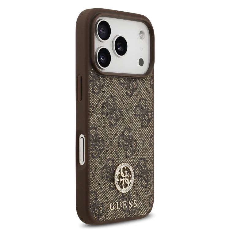 جراب جلد PU بتصميم كلاسيكي وشعار ستراس من Guess لهاتف iPhone 17 Pro مع خاصية MagSafe، تصميم خفيف الوزن، حماية من السقوط، سهل التركيب، بملف نحيف، تغليف مستدام، قبضة مريحة - بني